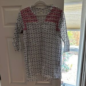 Hatley White Tunic with Navy Anchor Print and Pink Embroidery